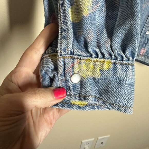 Ganni Printed Indigo Frill Collar Shirt Womens Size 44 US 14 Cottagecore Femme - Picture 7 of 13